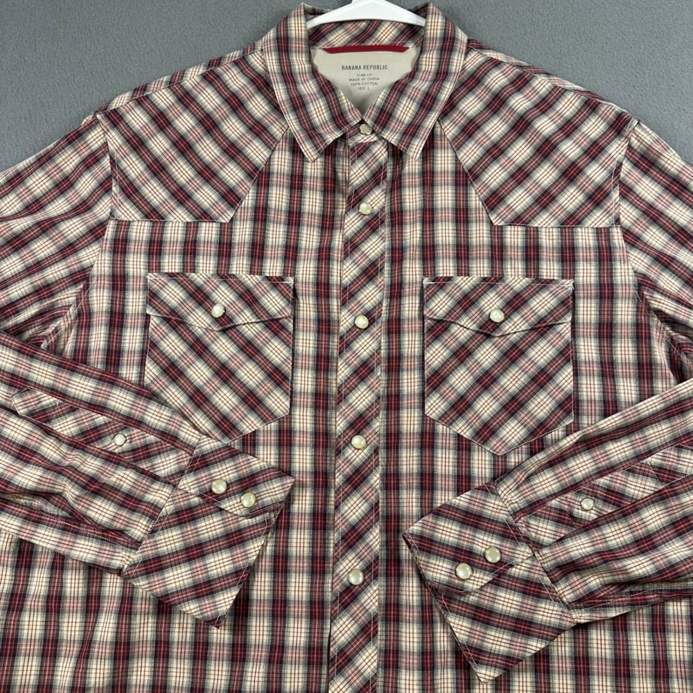 Banana Republic Mens Slim Fit Western Plaid Snap Button Shirt Red Cream Large